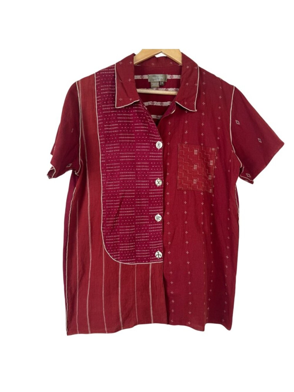 The Territory Ahead Red Button Up Shirt Women's Med Mix Pattern Panels Vintage